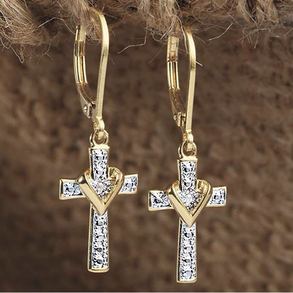 14kt Gold rhodium plated cross earrings w/ diamond accents NEW NWT 1st communion